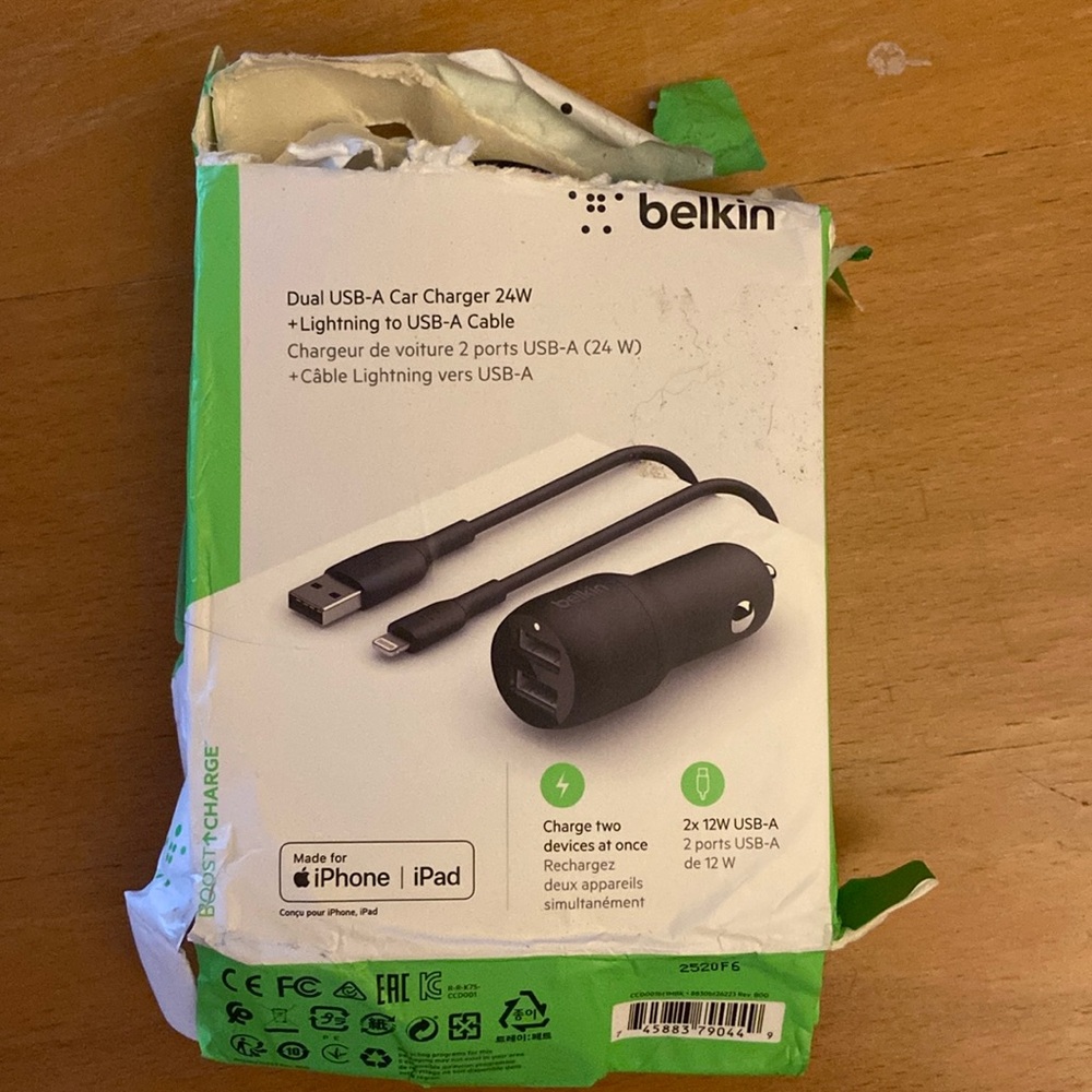 Belkin Dual USB-A Car Charger and Lightning to USB-A Cable